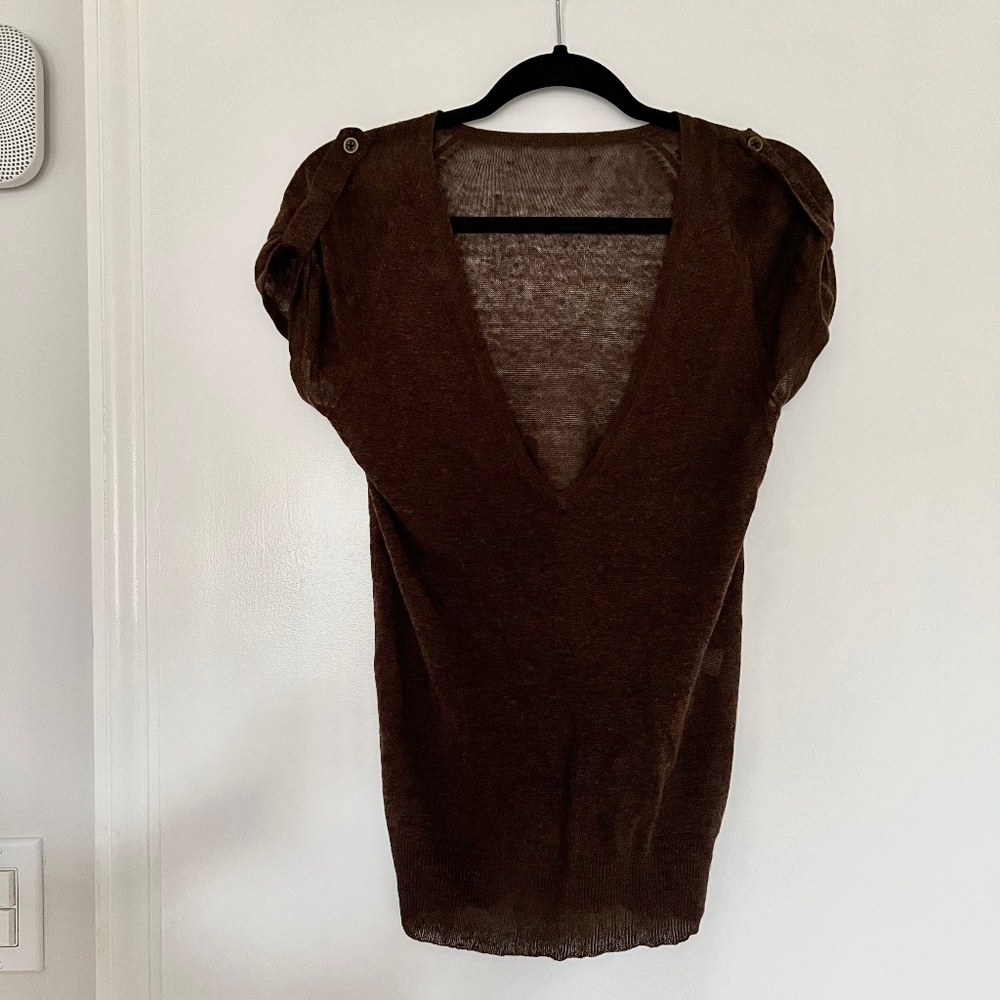 Vintage Brown V-neck knitted Sleeve Button Blouse Shirt